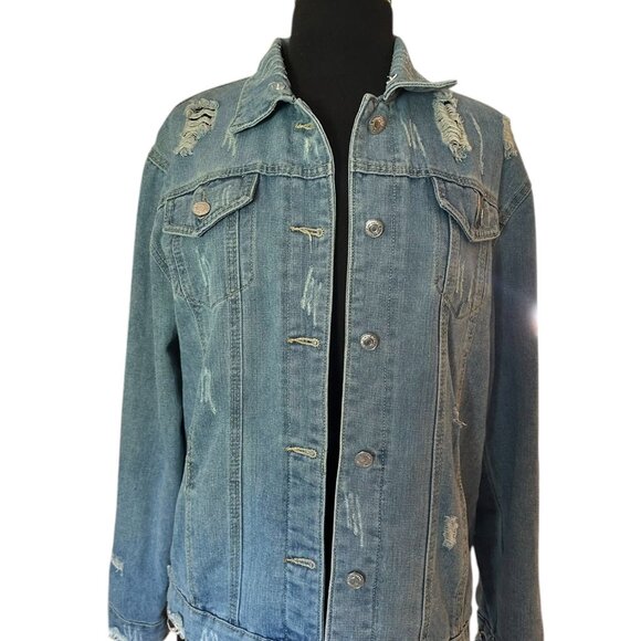 Womens Wash Distressed Ripped Destroyed Denim Jean Jacket Frayed Large 2 - Picture 9 of 13